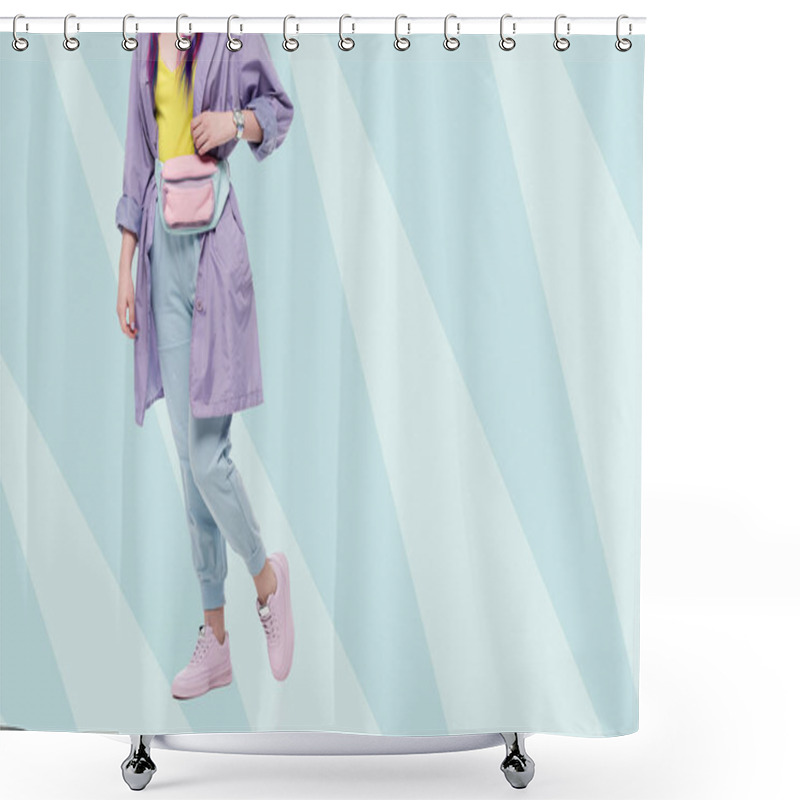 Personality  Cropped Shot Of Woman In Purple Trench Coat With Waist Pack Shower Curtains