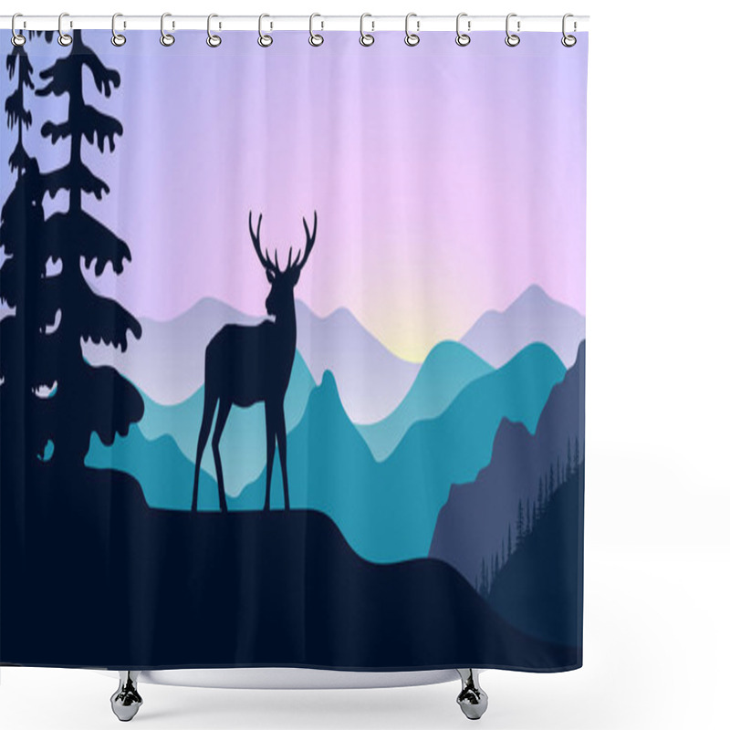 Personality  Mountains, Alpine Wild Fallow Deer And Forest At Sunrise. Landscape With Silhouettes. Vector Illustration Shower Curtains