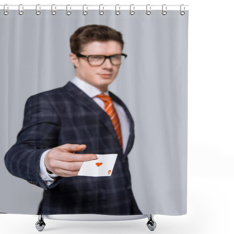 Personality  Selective Focus Of Stylish Businessman Holding Ace Isolated On Grey  Shower Curtains