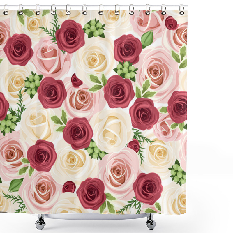 Personality  Seamless Background With Red, Pink And White Roses. Vector Illustration. Shower Curtains