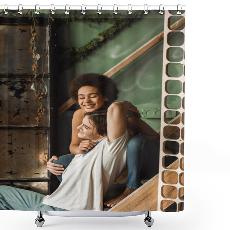 Personality  Cheerful African American Woman With Closed Eyes Embracing With Happy Man While Sitting On Stairs In Art Workshop Shower Curtains