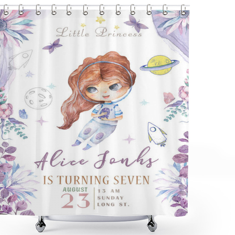 Personality  Astronaut Cartoon Girl Flying In The Space With A Futuristic Rocket And Satellites Around Stars And Planets. Baby Shower, Invite, Celebration And Birthday Card For Little Princess. Shower Curtains