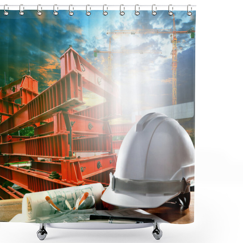 Personality  Safety Helmet On Engineer Working Table Against Crane And Road C Shower Curtains