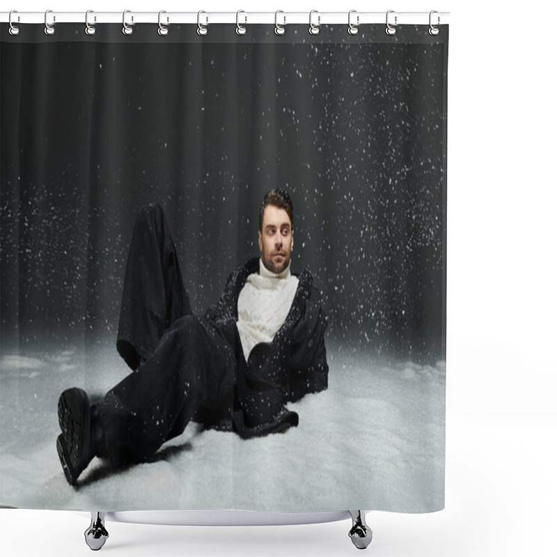 Personality  A Handsome Young Man Lounges Peacefully In A Snowy Setting, Showcasing Modern Winter Attire. Shower Curtains