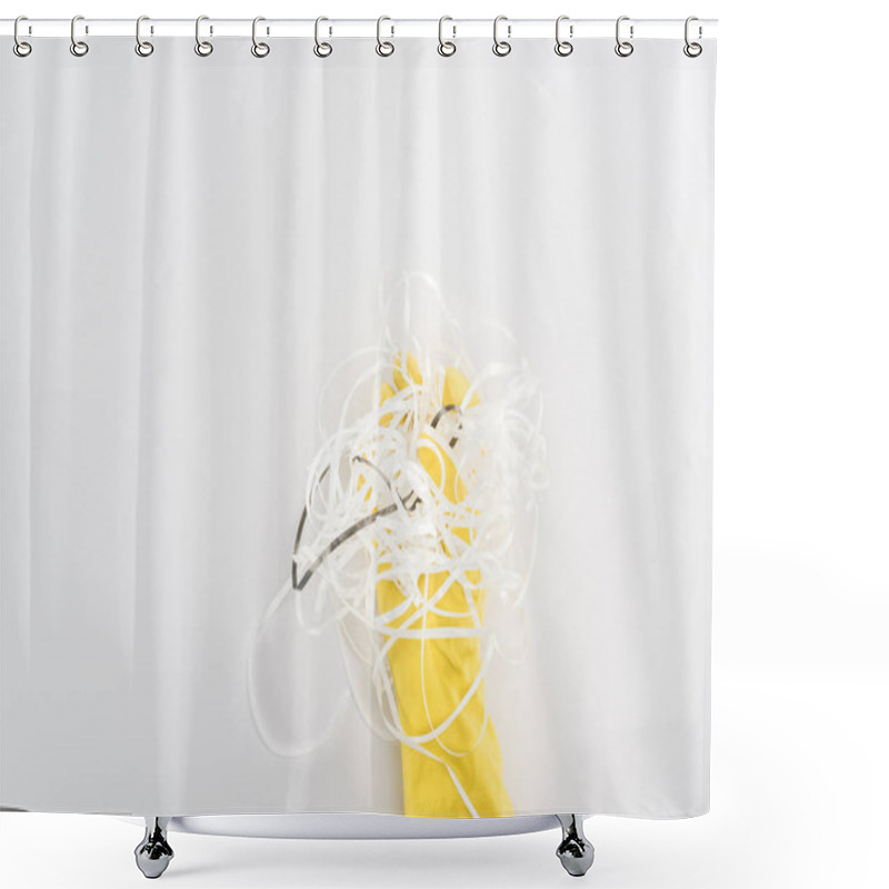 Personality  Cropped View Of Man In Yellow Rubber Gloves Holding Paper Strips On Grey Background  Shower Curtains