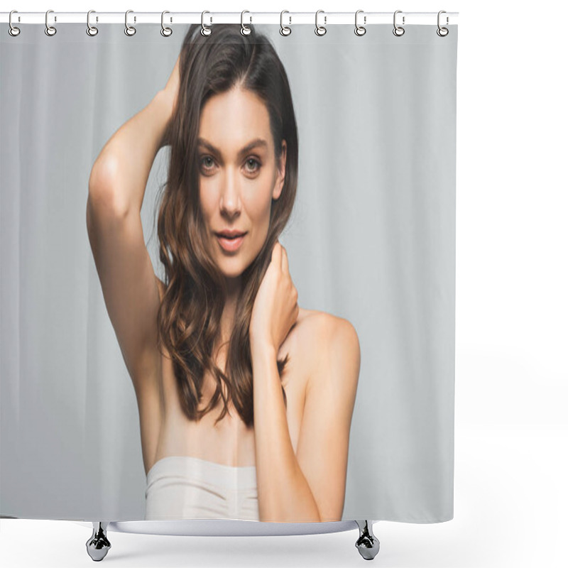 Personality  Portrait Of Beautiful Brunette Girl With Perfect Skin, Isolated On Grey Shower Curtains