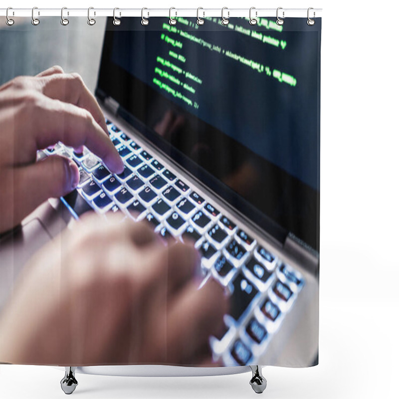 Personality  Hacker Code In Laptop. Cyber Security, Privacy Or Hack Threat. Coder Or Programmer Writing Virus Software, Malware, Internet Attack Or Developing Digital Design. Green Web Data In Computer Screen. Shower Curtains