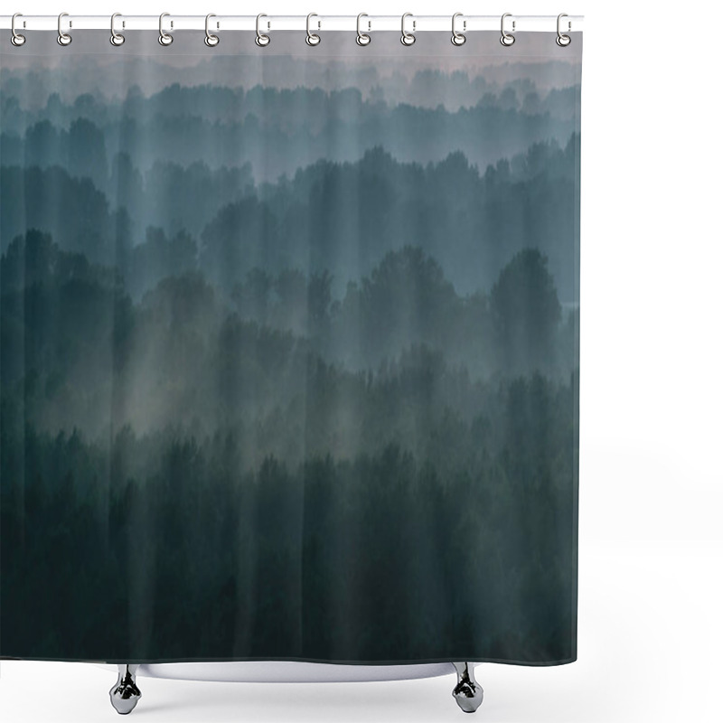 Personality  Mystical View From Top On Forest Under Haze At Early Morning. Mist Among Layers From Tree Silhouettes In Taiga Under Warm Predawn Sky. Morning Atmospheric Minimalistic Landscape Of Majestic Nature. Shower Curtains