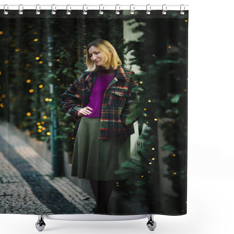 Personality  A Full-length Woman In A Checkered Jacket Standing On A Cobblestone Street, With Festive Fir Branches And Twinkling Lights Around Her, Creating A Warm Holiday Ambiance. Shower Curtains