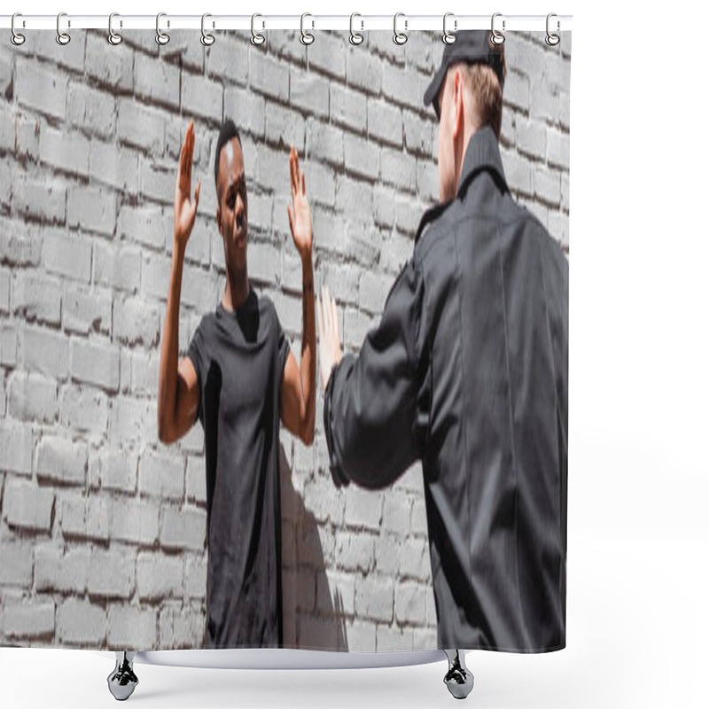 Personality  Panoramic Orientation Of Policeman In Cap Detaining African American Man With Raised Hands, Racism Concept  Shower Curtains