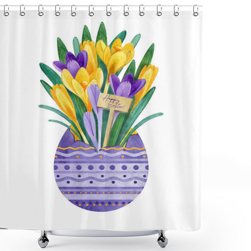 Personality  Watercolor Easter Card With Big Purple Egg. Stripes, Dots And Lines Are Drawn On The Egg. Hand Drawn Egg With Purple And Yellow Spring Crocuses. The Card Conveys The Spring Mood Shower Curtains