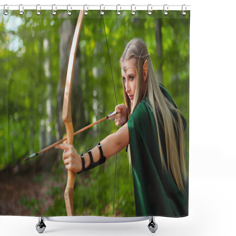 Personality  Beautiful Female Elf Archer In The Forest Hunting With A Bow Shower Curtains