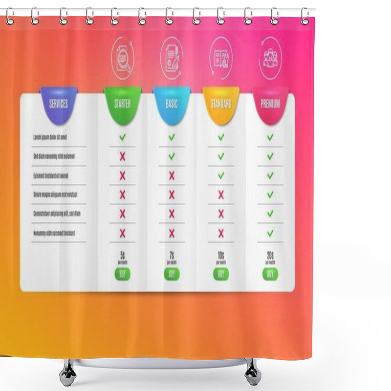 Personality  Check Article, Engineering Documentation And Copywriting Icons Set. Teamwork Sign. Vector Shower Curtains