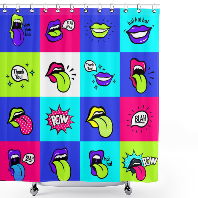 Personality  Pop Art Lips Seamless Pattern. Vector Sexy Woman S Lips Expressing Different Emotions Smile Half-open Mouth, Biting Lip, Licking, Smiling, Tongue Sticking Out, Conversation. Isolated On Color Squares Shower Curtains