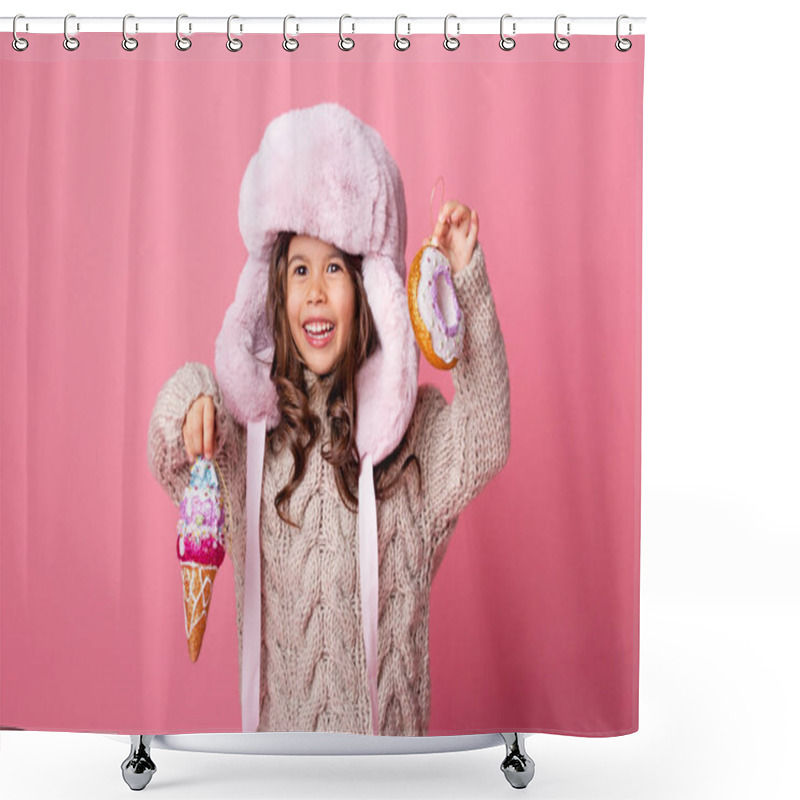 Personality  Little Girl In Warm Hat With Christmas Baubles In Ice Cream And Donut Shapes Shower Curtains