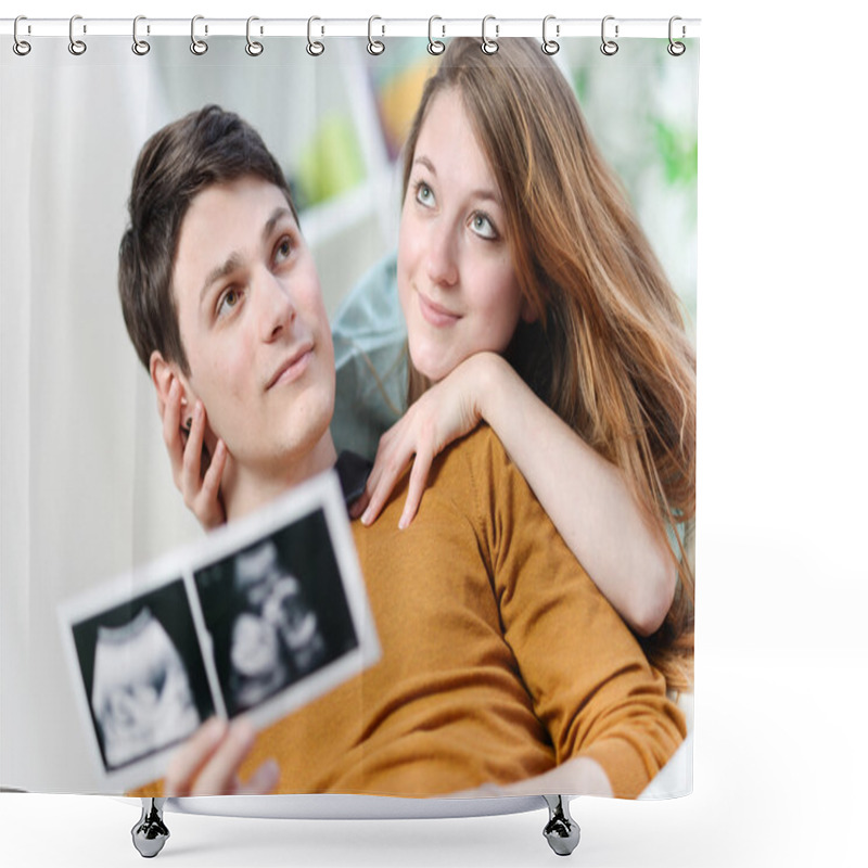 Personality  Cute Couple Imagines The Future Of Their Unborn Child With Ultrasound Pictures In Hands Shower Curtains