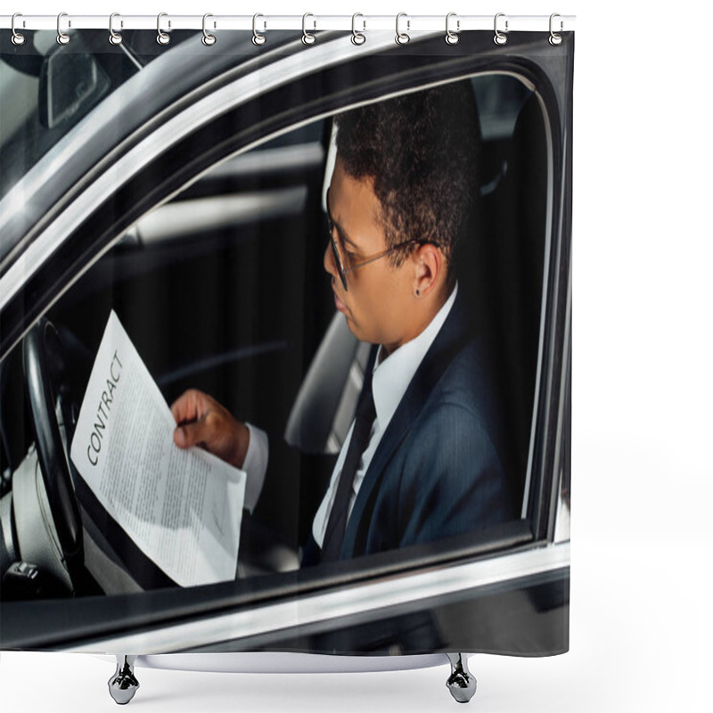 Personality  African American Businessman In Suit Reading Contract In Car Shower Curtains