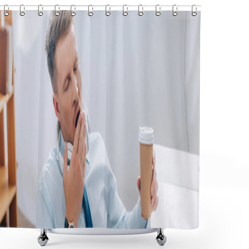 Personality  Businessman Yawning While Holding Coffee To Go In Office, Banner  Shower Curtains