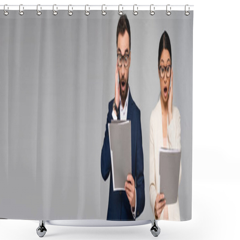 Personality  Panoramic Crop Of Shocked Interracial Businesspeople Holding Hands Near Faces While Looking At Folders Isolated On Grey Shower Curtains