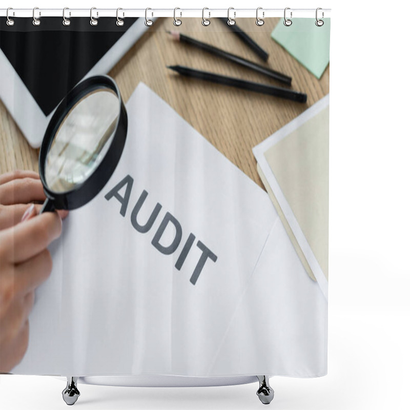 Personality  Cropped View Of Woman Holding Magnifier Near Audit Document  Shower Curtains