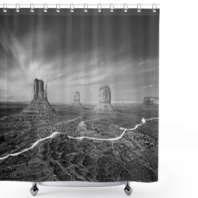 Personality  Black And White Photo Of Monument Valley With Car Lights Trails. Shower Curtains