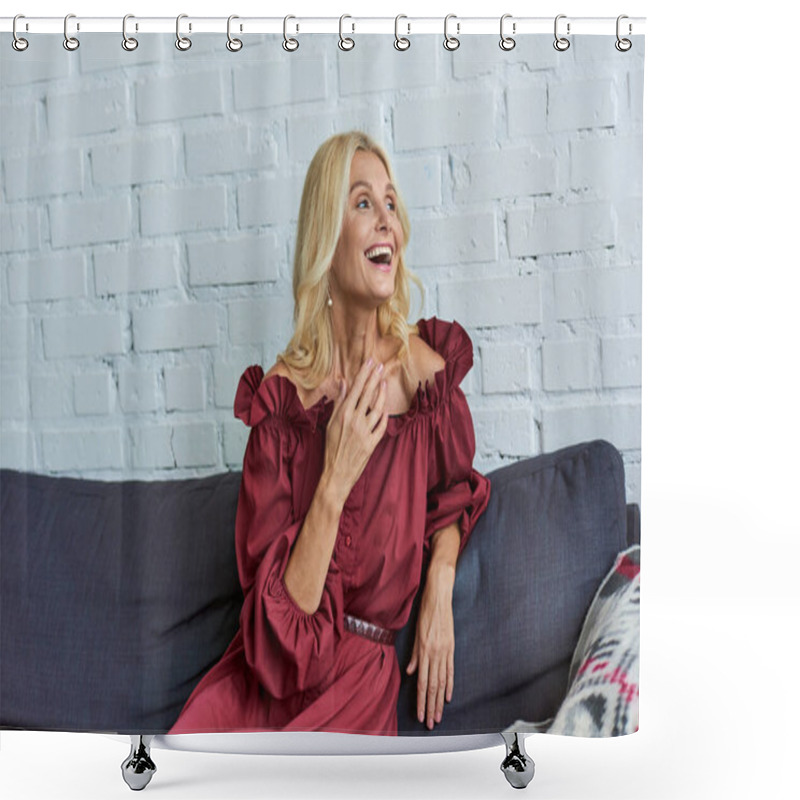 Personality  Mature Woman In Stylish Dress Sitting Gracefully On Top Of A Blue Couch. Shower Curtains