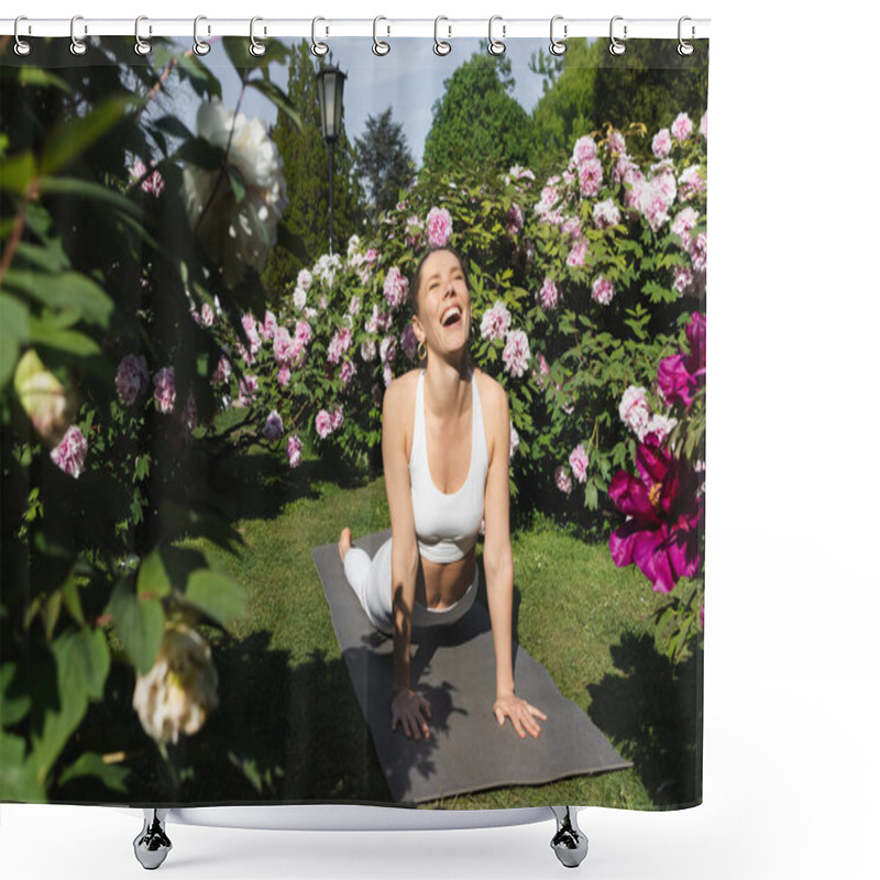 Personality  Laughing Woman With Closed Eyes Practicing Cobra Pose On Yoga Mat Near Blossoming Plants Shower Curtains