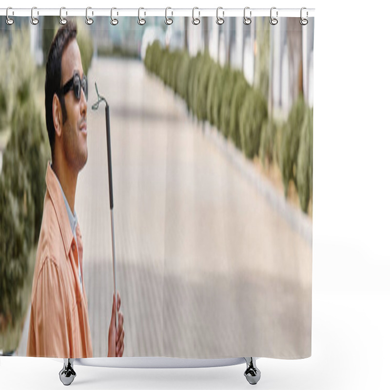 Personality  Happy Indian Blind Man In Orange Jacket Sitting On Bench With Walking Stick And Glasses, Banner Shower Curtains