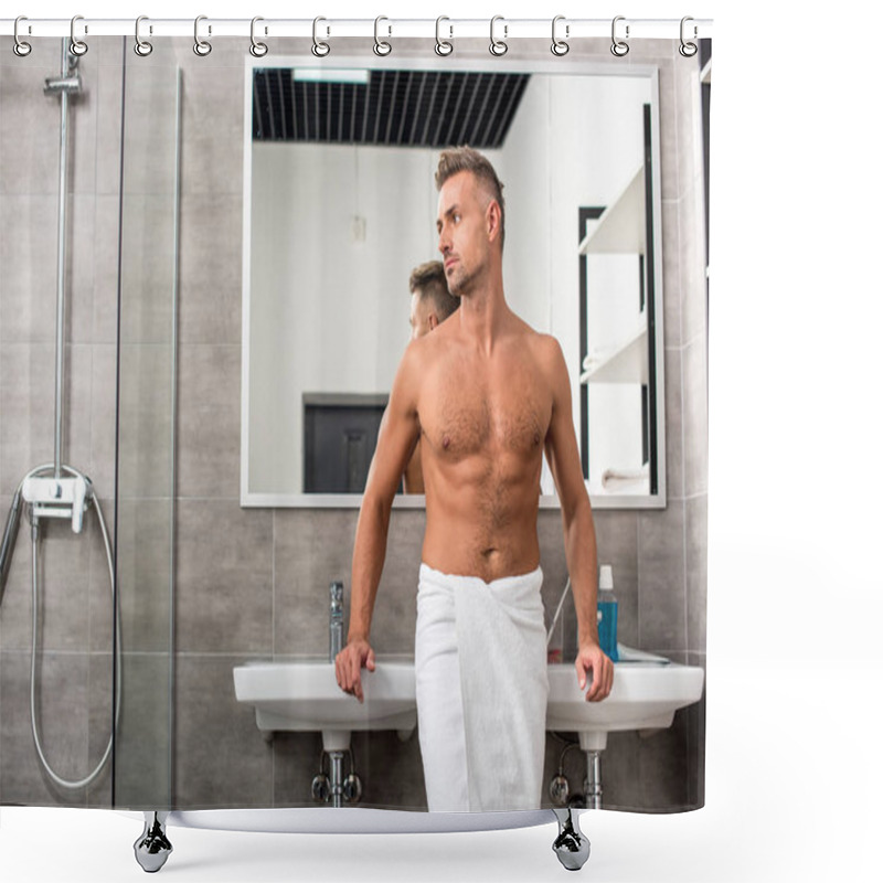 Personality  Confident Muscular Shirtless Man In Towel Posing Near Sinks In Bathroom Shower Curtains