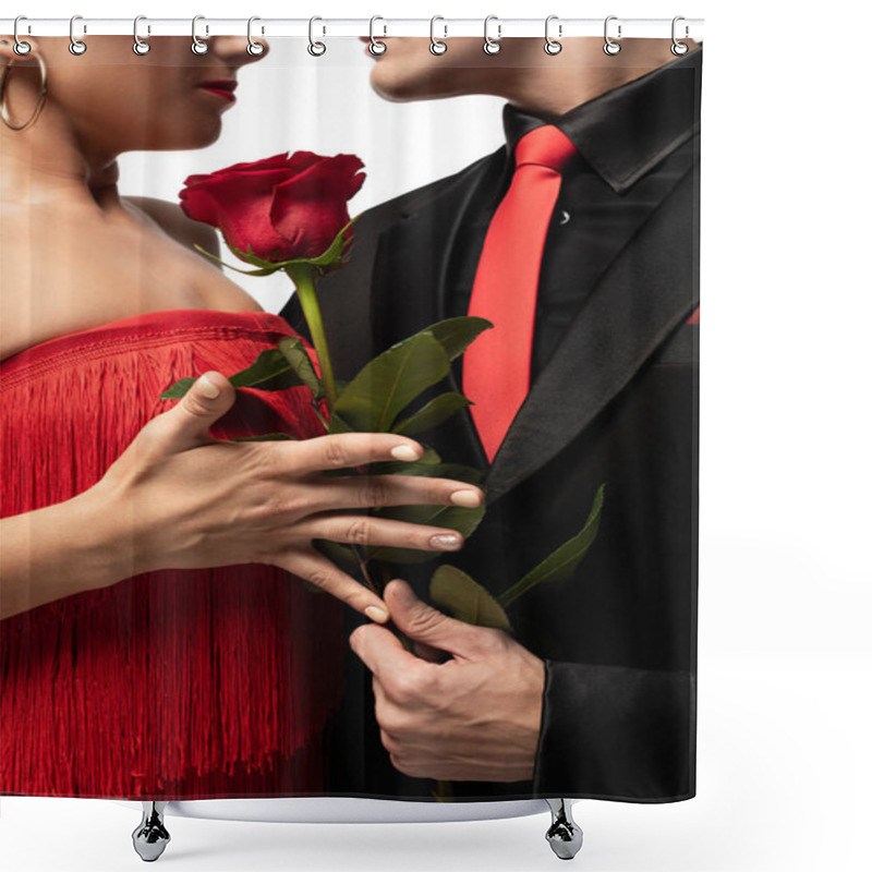 Personality  Cropped View Of Dancer Gifting Red Rose To Partner While Performing Tango Isolated On White Shower Curtains