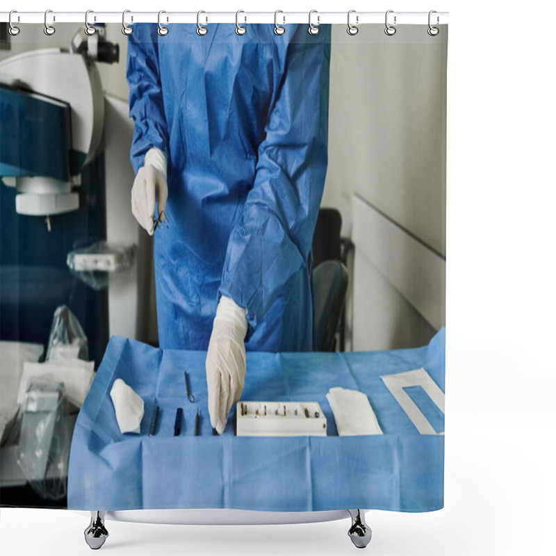 Personality  A Woman In A Blue Suit And White Gloves, Receiving Laser Vision Correction At The Doctors Office. Shower Curtains