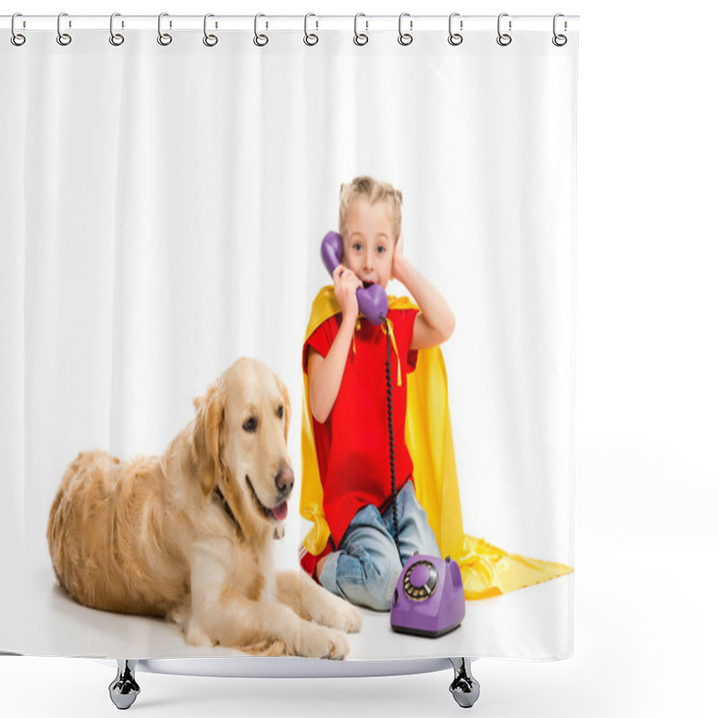 Personality  Lying Golden Retriever  With Shocked Little Supergirl Talking On Phone Isolated On White Shower Curtains