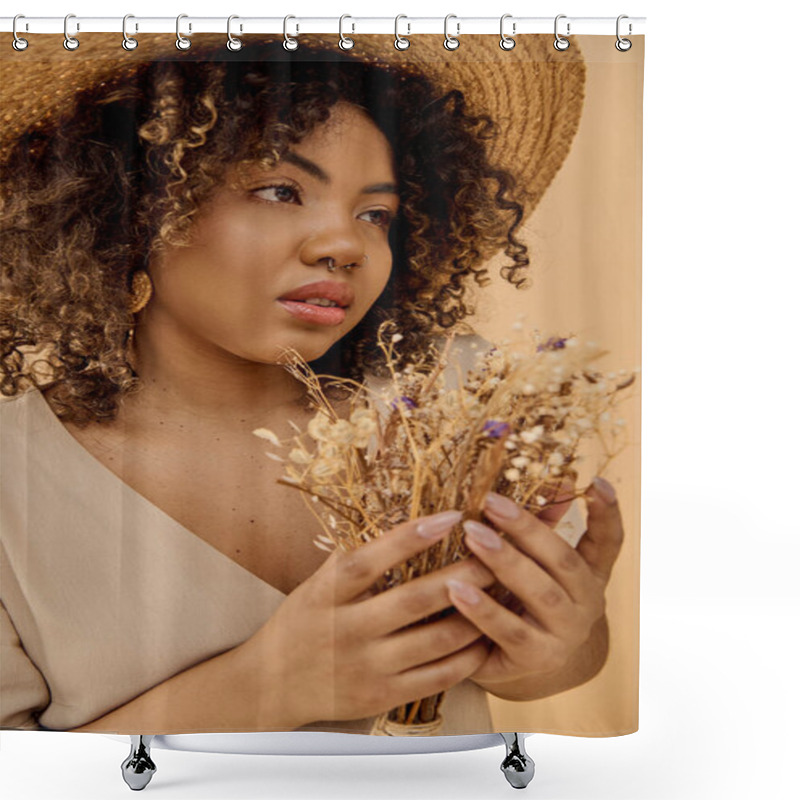 Personality  A Beautiful Young African American Woman With Curly Hair, Dressed In A Summer Dress, Holding A Bunch Of Dried Flowers. Shower Curtains