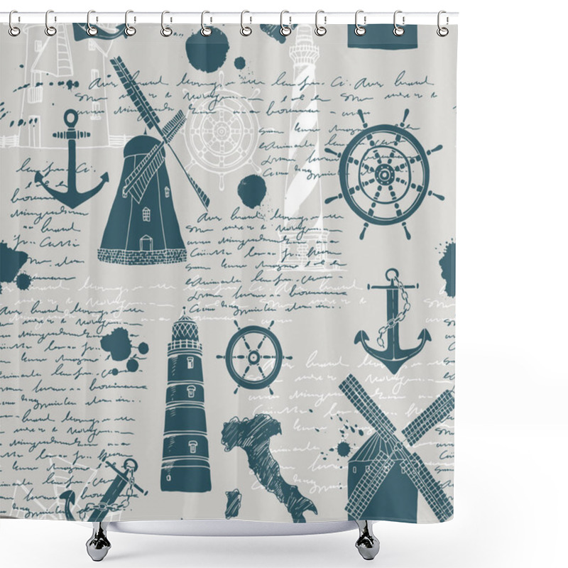 Personality  Vector Abstract Seamless Pattern, Theme Of Travel And Adventure, Old Manuscript, Text, Lighthouses, Wind Mills, Ship Wheels, Anchors And Other Nautical Symbols, Vintage Background Shower Curtains