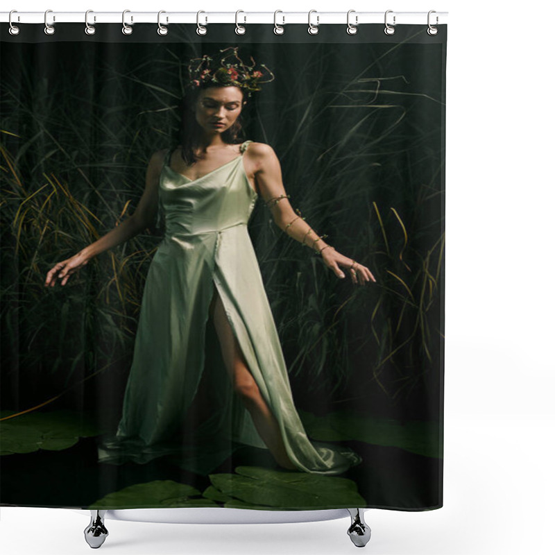 Personality  A Woman Wearing A Green Satin Dress Poses In A Swamp. Shower Curtains