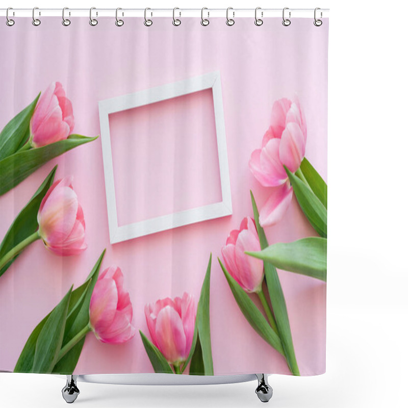 Personality  Flat Lay Of Blossoming Tulips With Green Leaves Near Frame On Pink, Mothers Day Concept  Shower Curtains