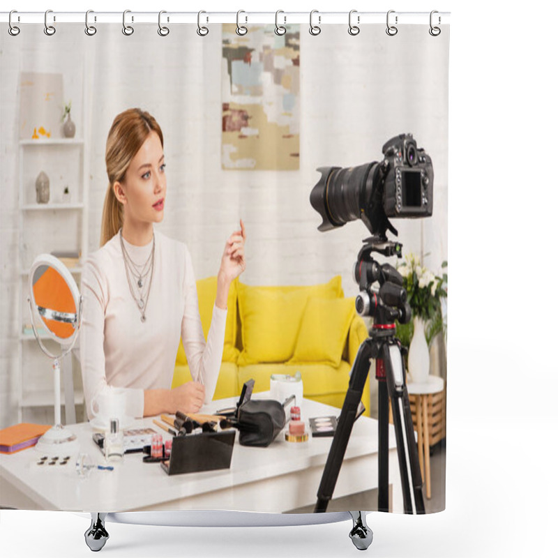 Personality  Beauty Blogger Sitting At Table With Decorative Cosmetics In Front Of Video Camera Shower Curtains