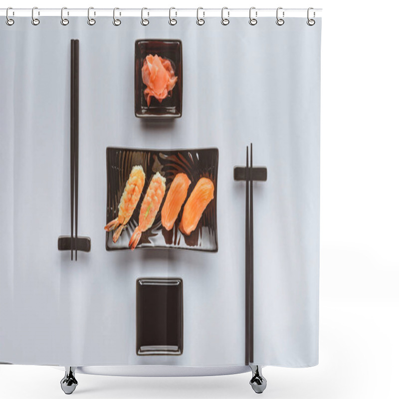 Personality  Gourmet Sushi With Salmon And Shrimp, Ginger And Chopsticks Isolated On White     Shower Curtains