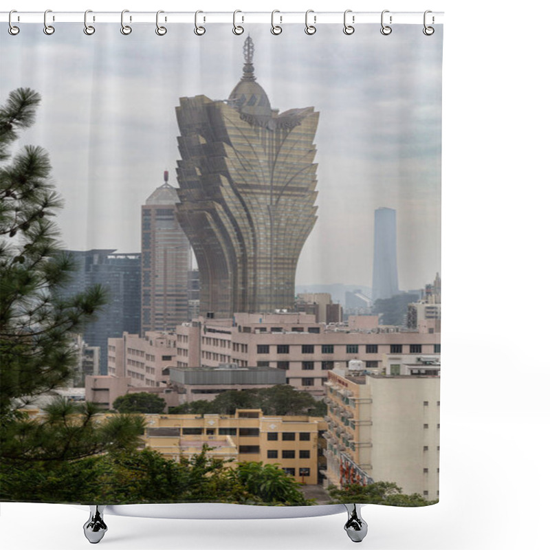 Personality  Iconic Grand Lisboa Building Under Cloudy Skies In Macau Shower Curtains