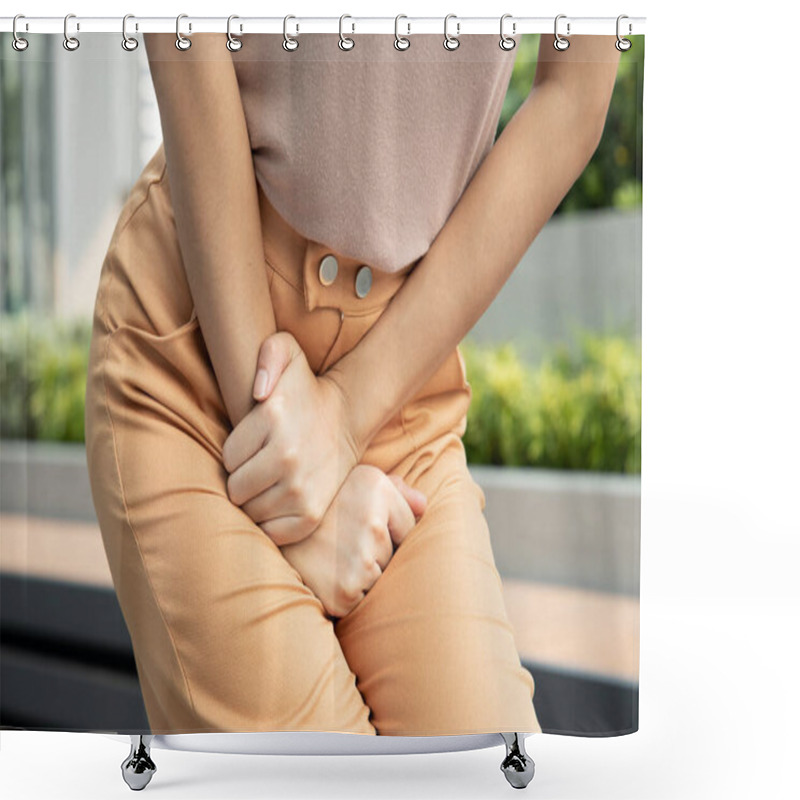 Personality  Woman Holding Her Pee, Health Care Concept Of Urinary Tract Infection; Urinary Incontinence; Overactive Bladder Symptoms Shower Curtains