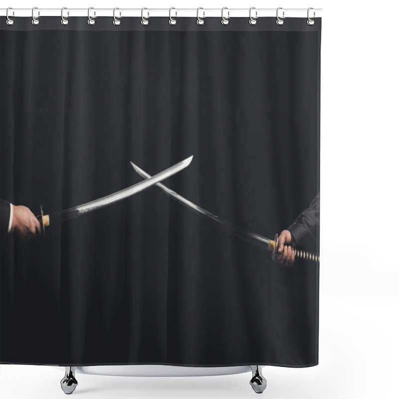 Personality  Cropped Shot Of Samurai With Crossed Swords Isolated On Black Shower Curtains