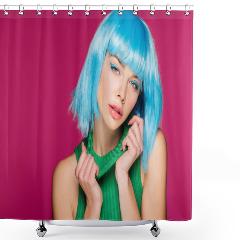 Personality  Charming Girl Posing In Blue Wig And Green Turtleneck, Isolated On Pink Shower Curtains