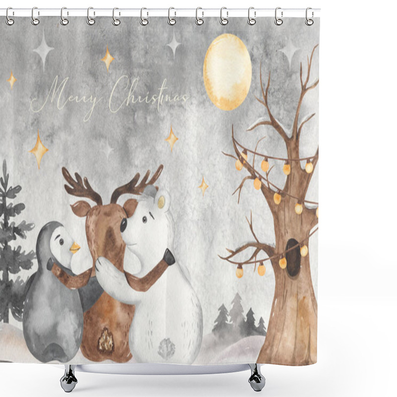 Personality  Cute Animals Bear, Deer, Penguin At Night In Winter Fairy Forest Watercolor Merry Christmas Card Shower Curtains