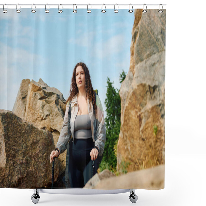 Personality  A Stunning Plus Size Woman Enjoys Her Journey Through A Beautiful Outdoor Landscape With Rocks. Shower Curtains