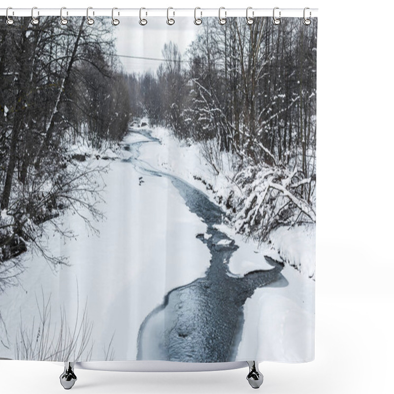 Personality  Cold Creek In Winter Forest With Trees On Shores Shower Curtains