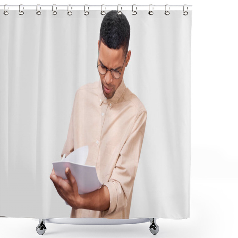 Personality  Serious Young Businessman In Casual Shirt Analyzing Financial Reports Posing On White Studio Background. African American Male Student Checking Paper Documents. Shower Curtains