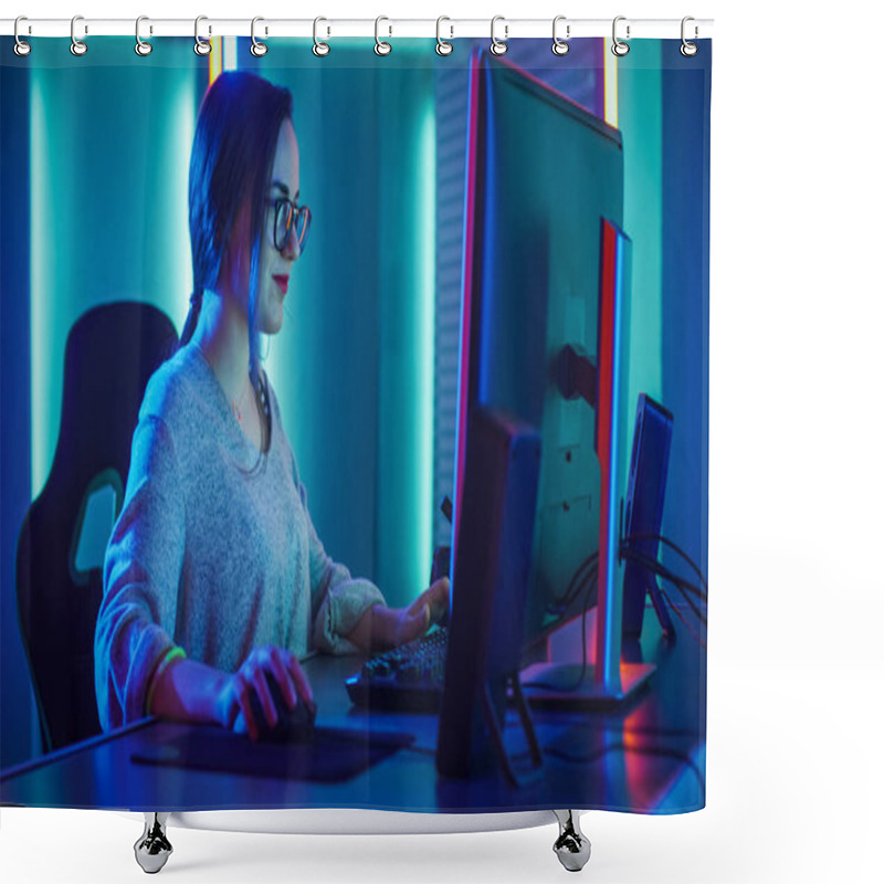 Personality  Beautiful Professional Gamer Girl Sitting Down To Play In First-Person Shooter Online Video Game On Her Personal Computer. Casual Cute Geek Wearing Glasses And Talking Into Headset. Cyber E-Sport Shower Curtains