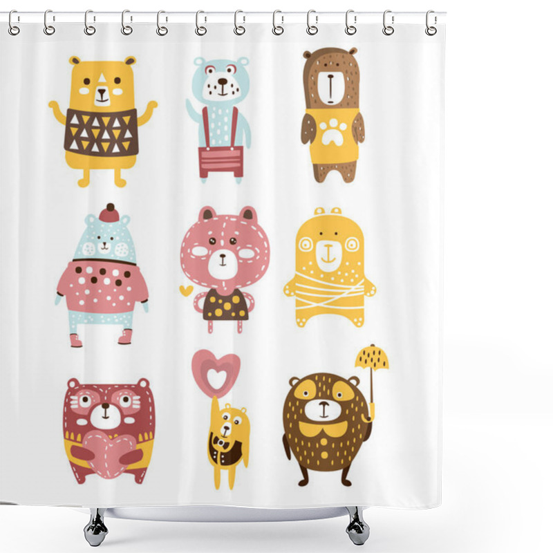 Personality  Cute Toy Bear Animals Set Of Childish Stylized Characters In Clothes In Creative Design Shower Curtains