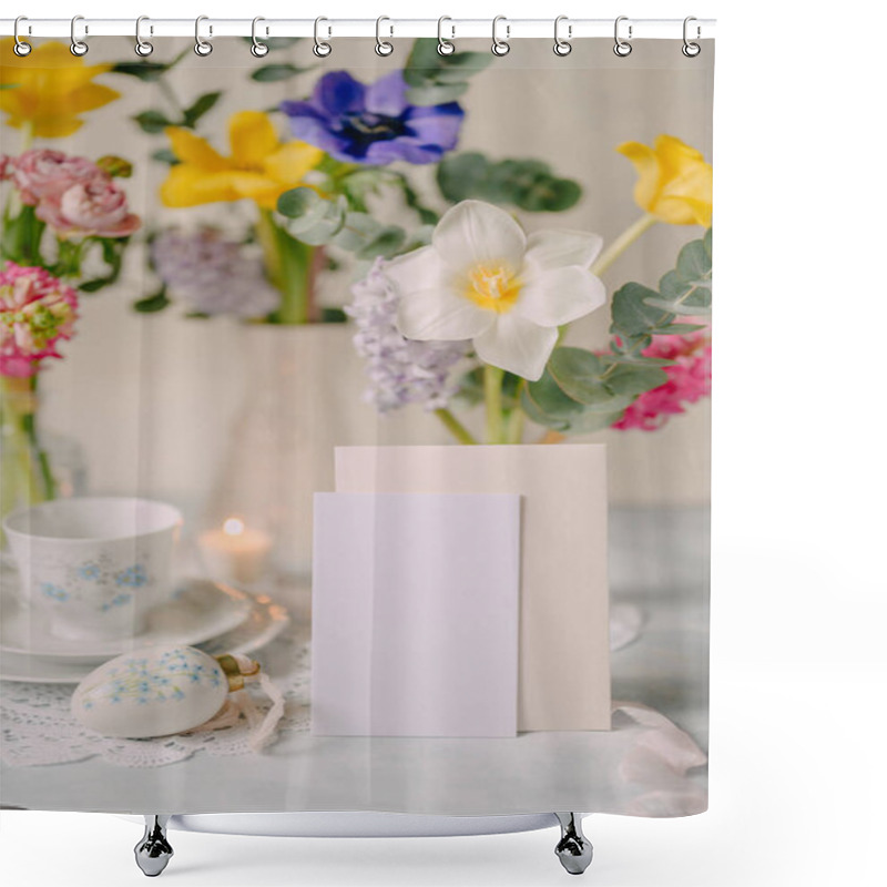 Personality  Mockup Card On Elegant Breakfast Table Setting With Spring Flowers In Soft Tones Shower Curtains