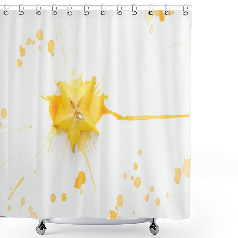 Personality  Elevated View Of Yellow Star Fruit On White Surface With Yellow Paint Splashes Shower Curtains